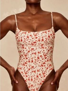 Floral Print One-Piece Swimsuit - Cream with Red Floral